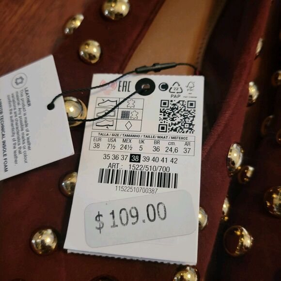 NWTs ZARA Studded Brown Leather Ballet Flats Size EUR 38 US 7.5 Classic - Picture 8 of 15